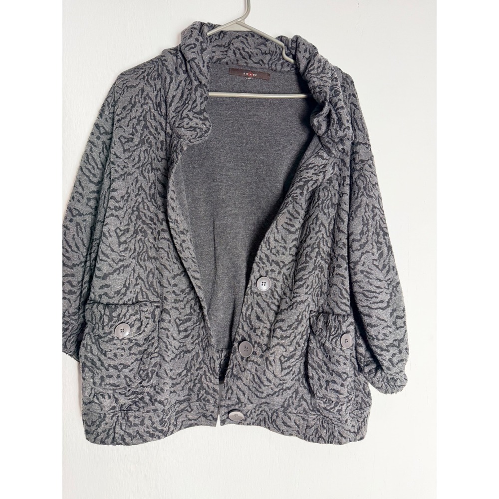 Fever Grey Animal Print Button Front Jacket Shawl Collar Pockets Size Medium